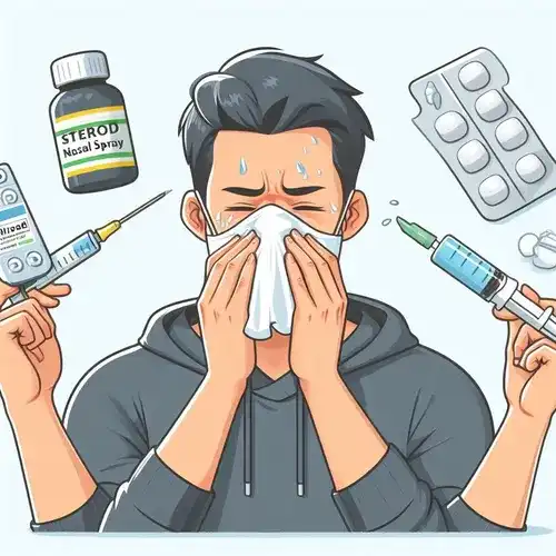 A Person Suffering From Sinus Infection Using A Steroid Nasal Spray, Holding A Pack Of Steroid Tablets, An Injection Bottle And A Syringe, And Feeling Relief After Using The Steroids For A While