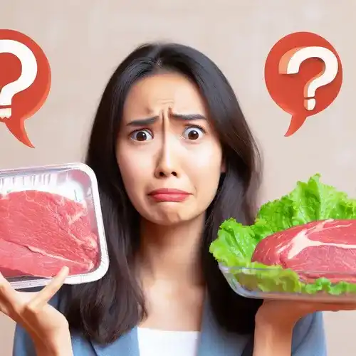 A Confused Person Showing Synthetic Meat Vs Real Meat Featuring Eatvigor.com