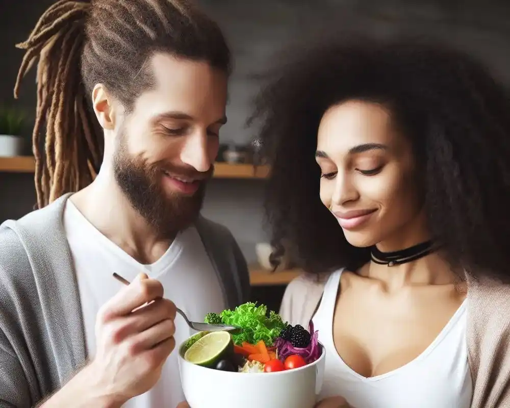 A Couple Where Lady Is African And Man Is American Catching A Bowl Of Alkaline Vegan Diet Featuring Eatvigor,Com
